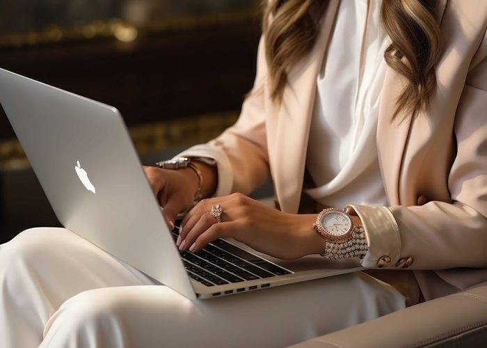 hands working on laptop with cut out screen at home. Copy space. Based on Generative AI.